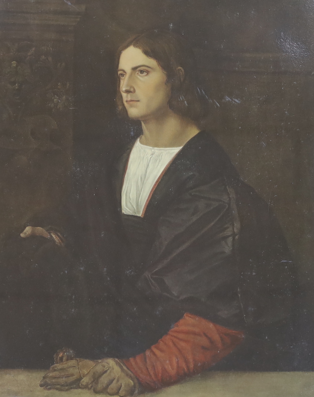 After Titian (Italian, d.1576), Medici Society colour print, Portrait of a young gentleman, label verso, housed in a painted wood frame gilded with fleur de lys, 60 x 50cm